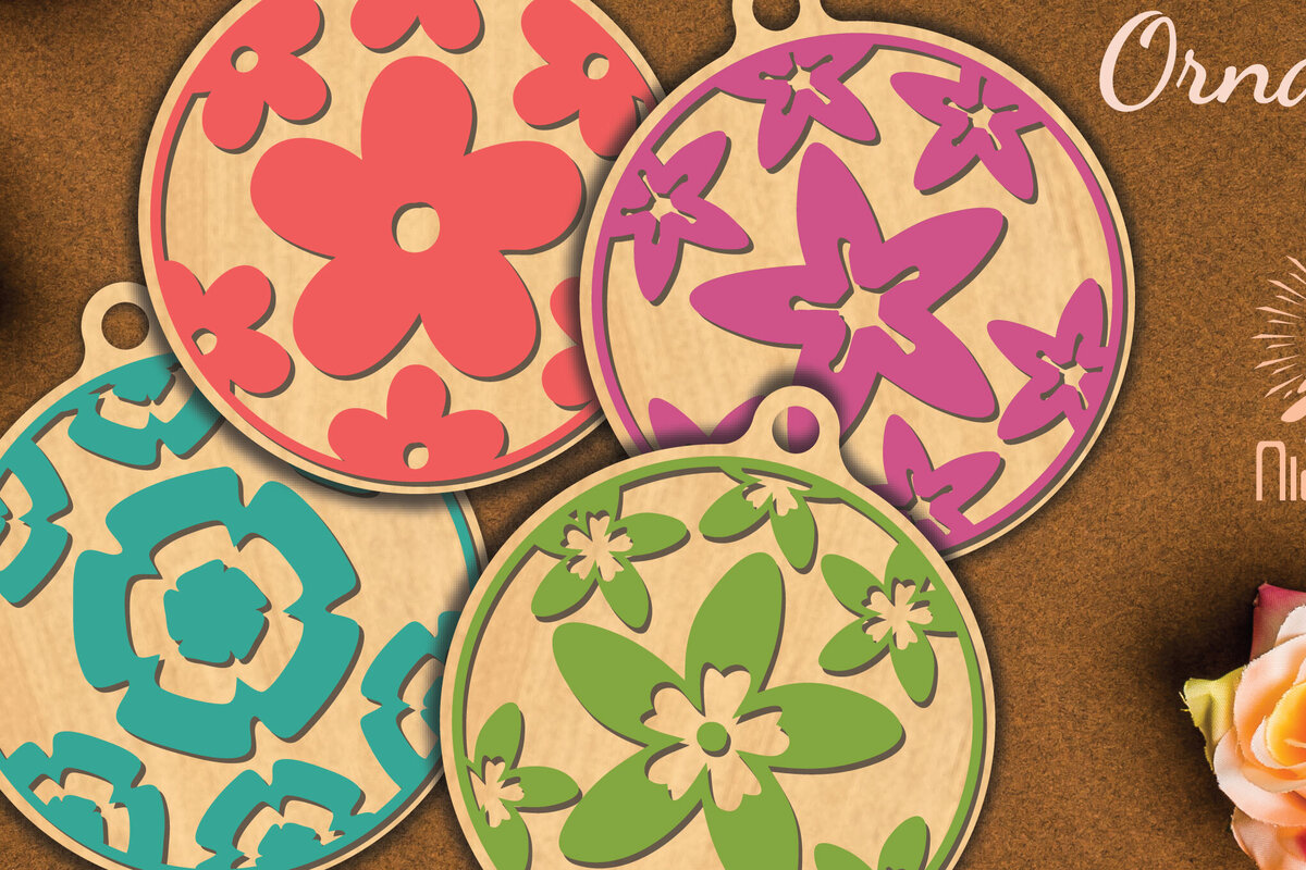 Σετ των 3 Intra απο ξύλο plywood 3mm-4mm πάχος - Στρογγυλό στολίδι με λουλούδια  1 Δίασταση 6x6 cm INTRAFABR-112467454