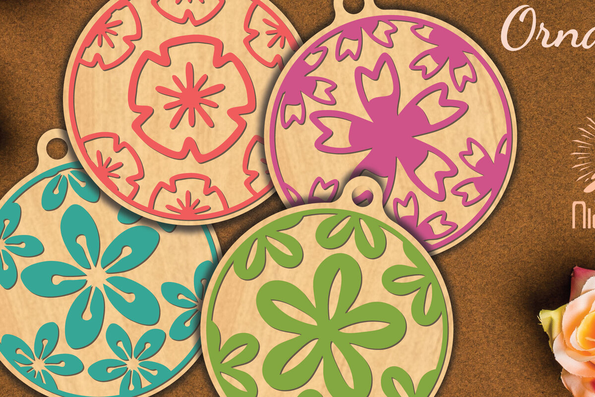 Σετ των 3 Intra απο ξύλο plywood 3mm-4mm πάχος - Στρογγυλό στολίδι με λουλούδια  2 Δίασταση 6x6 cm INTRAFABR-112467507