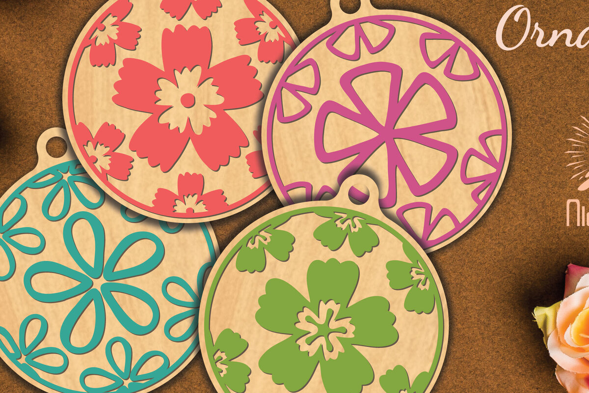 Σετ των 3 Intra απο ξύλο plywood 3mm-4mm πάχος - Στρογγυλό στολίδι με λουλούδια  3 Δίασταση 6x6 cm INTRAFABR-112467536