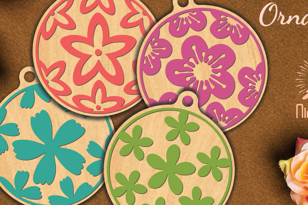 Σετ των 3 Intra απο ξύλο plywood 3mm-4mm πάχος - Στρογγυλό στολίδι με λουλούδια  4 Δίασταση 6x6 cm INTRAFABR-112467580