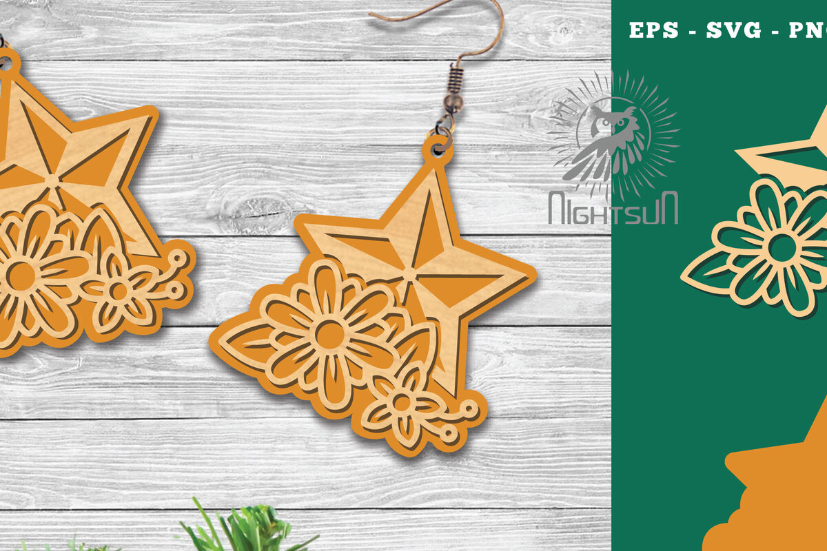 Σετ των 3 Intra απο ξύλο plywood 3mm-4mm πάχος - Σκουλαρίκια κομμένα με λέιζερ Flowers Star Δίασταση 3x3 cm INTRAFABR-113206139