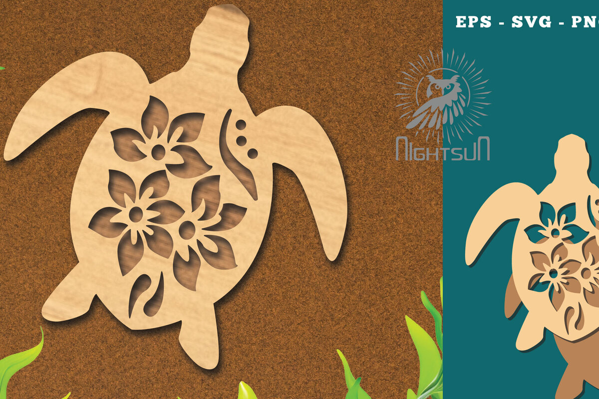 Σετ των 2 Intra απο ξύλο plywood 3mm-4mm πάχος - Flowers Turtle Cut Laser Decoration 2 Δίασταση 20x20 cm INTRAFABR-114451757