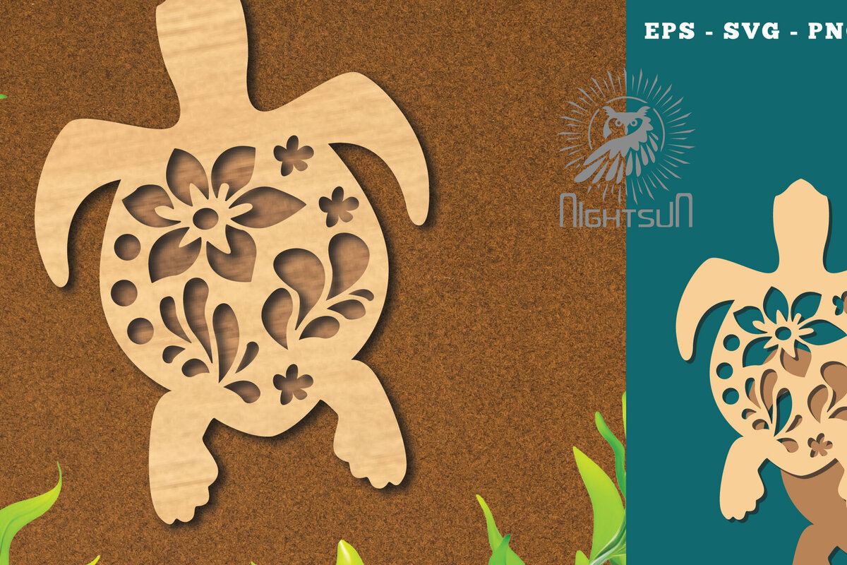 Σετ των 2 Intra απο ξύλο plywood 3mm-4mm πάχος - Flowers Turtle Cut Laser Decoration 4 Δίασταση 20x20 cm INTRAFABR-114451810