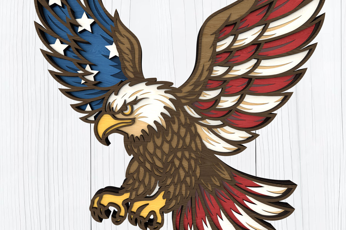 Σετ των 3 Intra απο ξύλο plywood 3mm-4mm πάχος - Flying Eagle Patriotic  Design Δίασταση 6x6 cm INTRAFABR-122672845