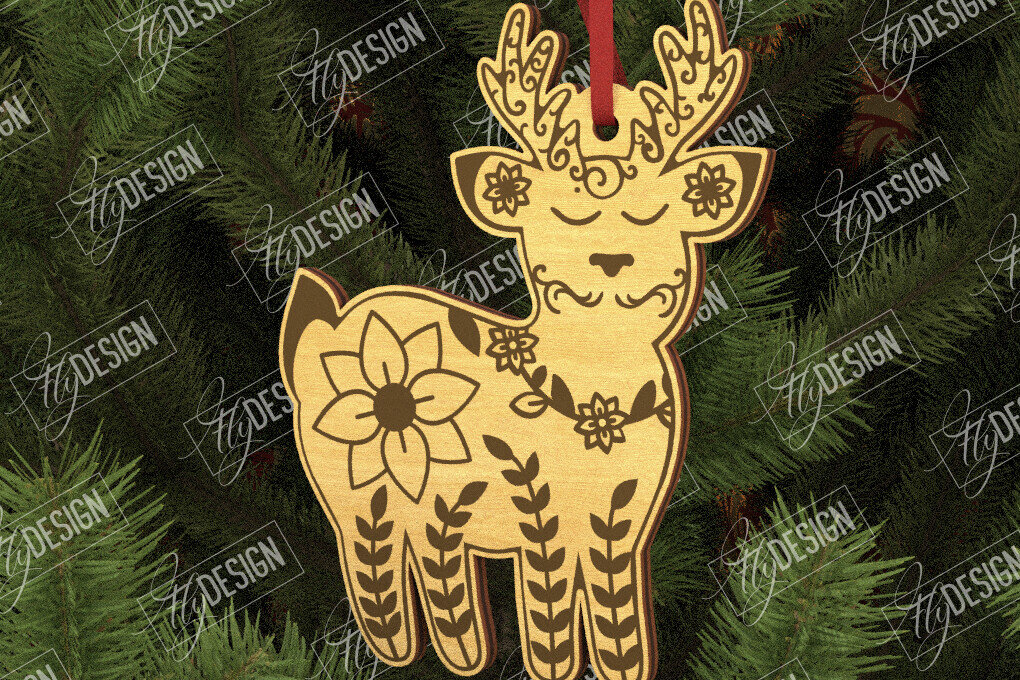 Σετ των 3 Intra απο ξύλο plywood 3mm-4mm πάχος - Λαϊκό στολίδι ελαφιού | Ρουστίκ Σχέδιο | CNC Δίασταση 6x6 cm INTRAFABR-104010506