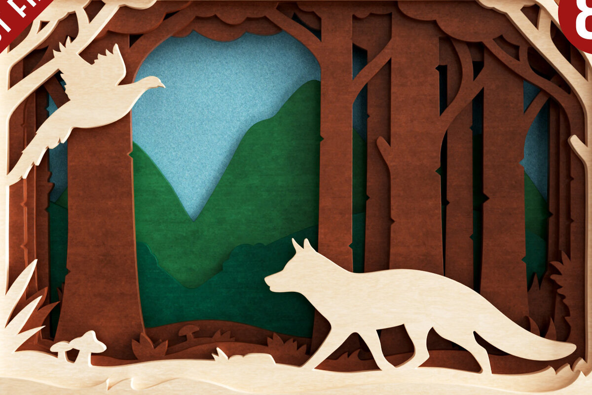 Σετ των 2 Intra απο ξύλο plywood 3mm-4mm πάχος -  αποκοπής  3D Layered Fox Δίασταση 20x25 cm INTRAFABR-21567086