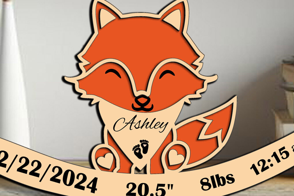 Σετ των 2 Intra απο ξύλο plywood 3mm-4mm πάχος - Πινακίδα ανακοίνωσης γέννησης νεογέννητου μωρού Fox Δίασταση 20x20 cm INTRAFABR-108875574