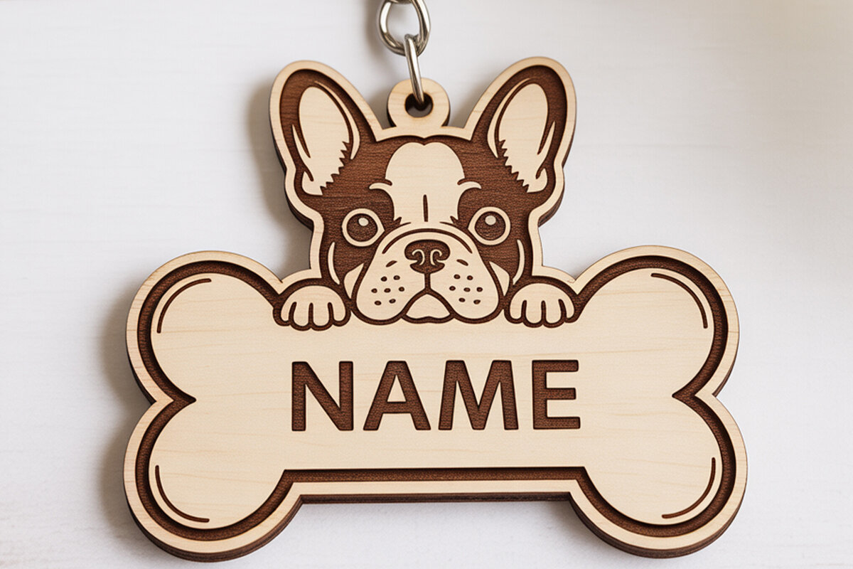 Σετ των 3 Intra απο ξύλο plywood 3mm-4mm πάχος - Μπρελόκ με ετικέτα γαλλικού μπουλντόγκ Δίασταση 4x4 cm INTRAFABR-121423165