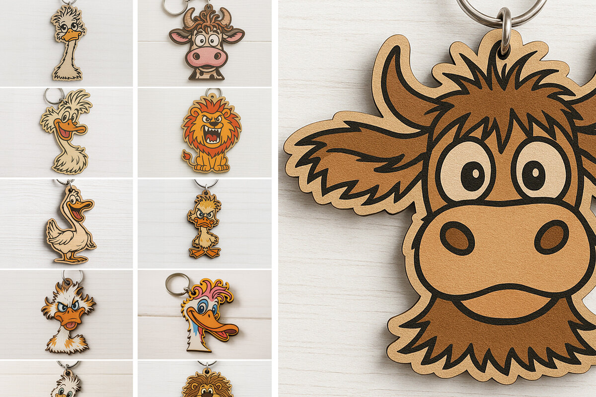 Σετ των 3 Intra απο ξύλο plywood 3mm-4mm πάχος - Αστεία δέσμη  μπρελόκ ζώων Δίασταση 4x4 cm INTRAFABR-122115847