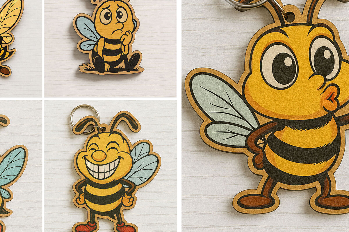 Σετ των 3 Intra απο ξύλο plywood 3mm-4mm πάχος - Αστεία δέσμη μπρελόκ μελισσών Δίασταση 4x4 cm INTRAFABR-122220452