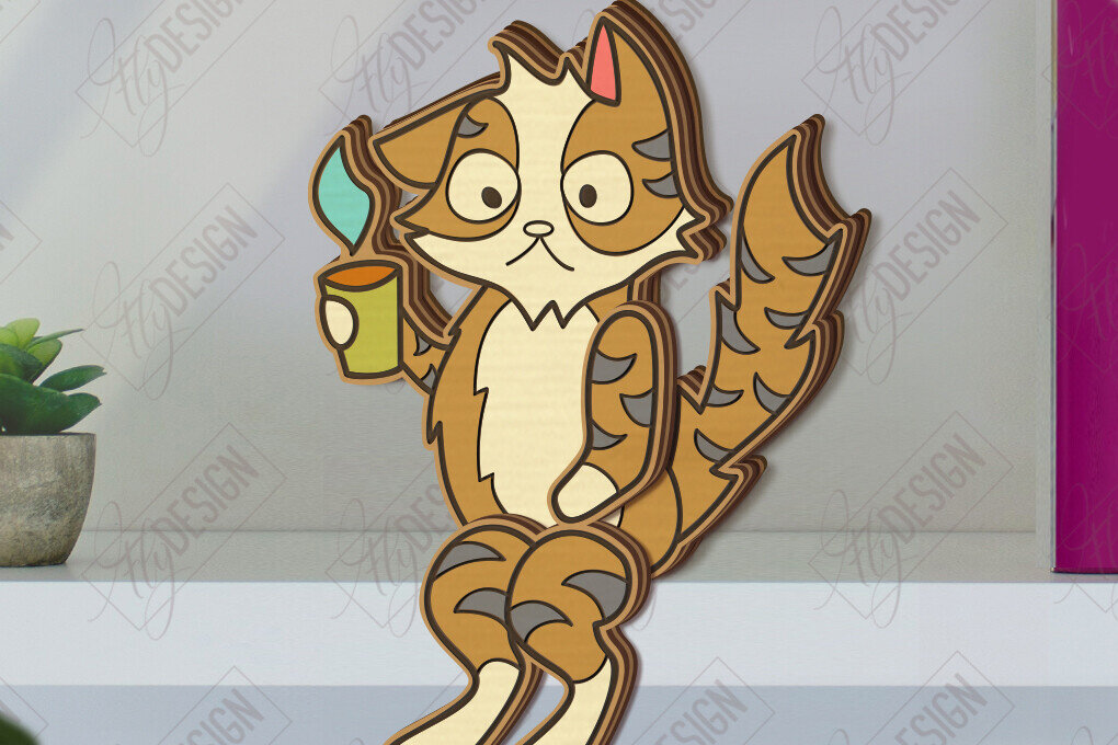 Σετ των 2 Intra απο ξύλο plywood 3mm-4mm πάχος - Funny Cats Shelf Sitters Cut Laser | CNC Δίασταση 20x20 cm INTRAFABR-121431719