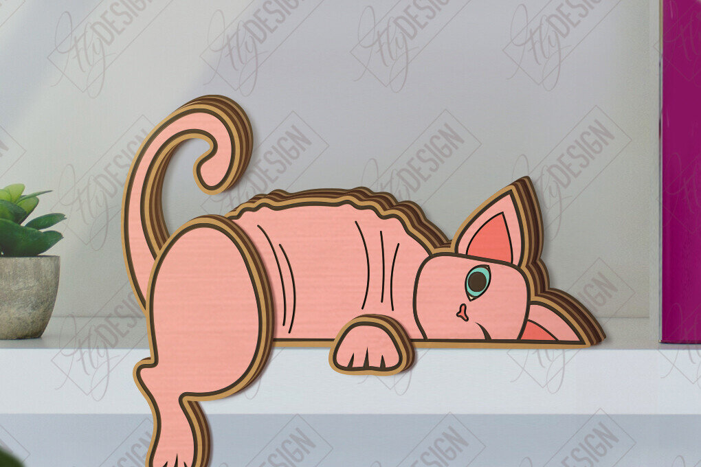 Σετ των 2 Intra απο ξύλο plywood 3mm-4mm πάχος - Funny Cats Shelf Sitters Cut Laser | CNC Δίασταση 20x20 cm INTRAFABR-121431709