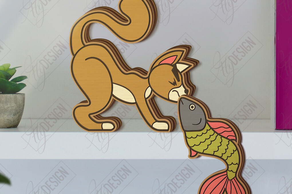 Σετ των 2 Intra απο ξύλο plywood 3mm-4mm πάχος - Funny Cats Shelf Sitters Cut Laser | CNC Δίασταση 20x20 cm INTRAFABR-121431711