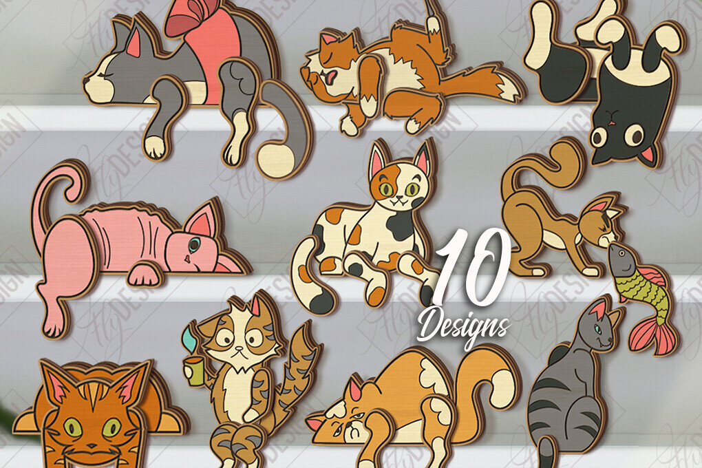 Σετ των 2 Intra απο ξύλο plywood 3mm-4mm πάχος - Funny Cats Shelf Sitters Set Laser Cut Δίασταση 20x20 cm INTRAFABR-121431748