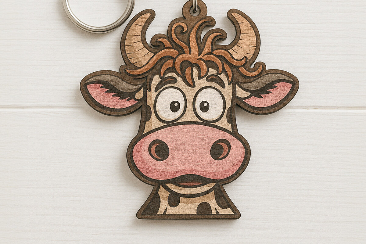 Σετ των 3 Intra απο ξύλο plywood 3mm-4mm πάχος - Αστεία μπρελόκ με κεφαλή αγελάδας  Δίασταση 4x4 cm INTRAFABR-122092721