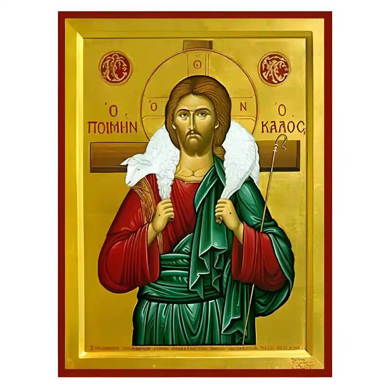 Σετ των 2 Εικόνα Ορθοδοξίας με περίγραμμα χρυσό σε ξύλο Φλαμουρίας  με  βάση Εικόνα Καλός Ποιμένας Χειροποίητη Ελληνορθόδοξη , Κρεμαστή πλάκα βυζαντινής τέχνης, χριστιανική τέχνη Διάσταση 10x7 cm (3,9 x 2,8 ίντσες) INTRAEK-670806