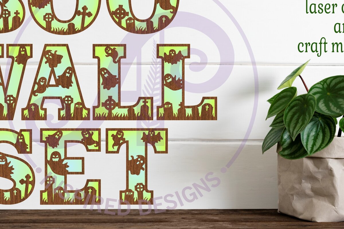 Σετ των 2 Intra απο ξύλο plywood 3mm-4mm πάχος - Σετ γραμμάτων αλφάβητου Ghost Halloween. 35 Δίασταση 15x15 cm INTRAFABR-80263943