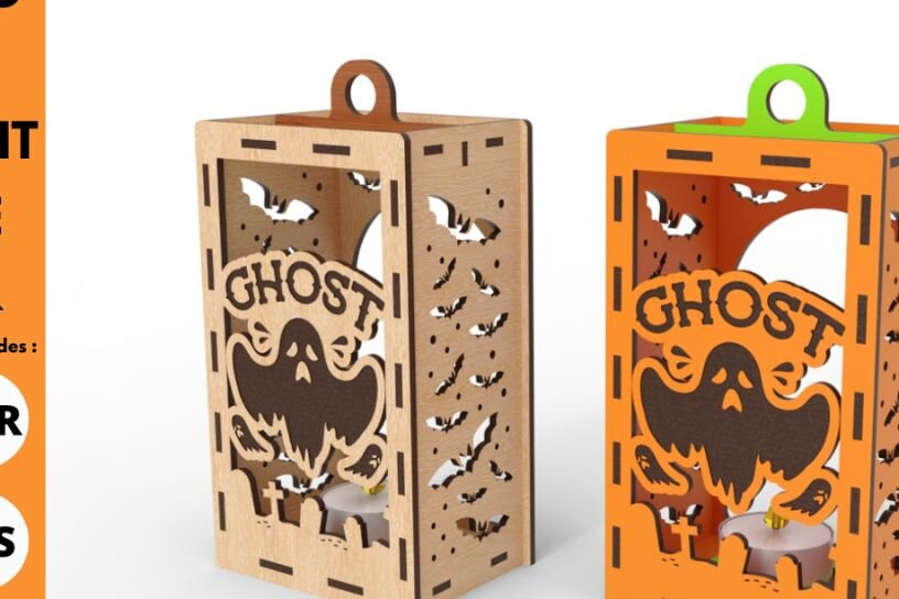 Σετ των 3 Intra απο ξύλο plywood 3mm-4mm πάχος - Ghost Halloween |  κοπής Laser Lantern Δίασταση 4x4 cm INTRAFABR-78478886