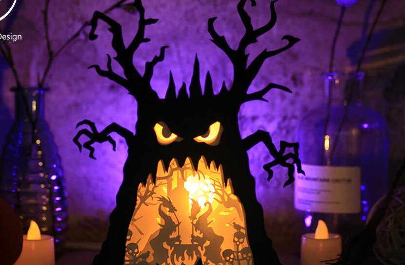 Σετ των 2 Intra απο ξύλο plywood 3mm-4mm πάχος - Δέντρο φάντασμα Απόκριες σκοτεινές μάγισσες Δίασταση 15x15 cm INTRAFABR-80836149