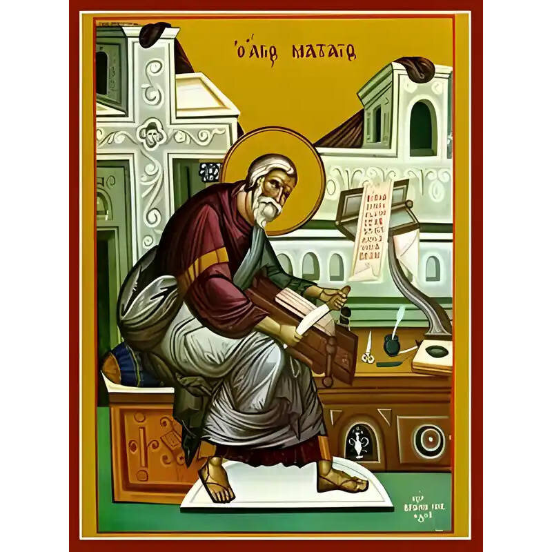 Εικόνα Ορθοδοξίας με περίγραμμα χρυσό σε ξύλο Φλαμουρίας  με  βάση Εικόνα ΑΓΙΟΣ ΑΠΟΣΤΟΛΟΣ ΚΑΙ ΕΥΑΓΓΕΛΙΣΤΗΣ ΜΑΤΘΑΙΟΣ, ΟΛΟΣΩΜΟΣ Χειροποίητη Ελληνορθόδοξη εικόνα του Ιησού Χριστού, Κρεμαστή πλάκα βυζαντινής τέχνης, χριστιανική τέχνη Διάσταση 40x30 cm (10,2x7
