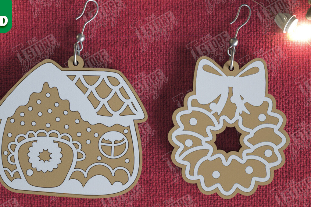 Σετ των 3 Intra απο ξύλο plywood 3mm-4mm πάχος - Gingerbread House Earrings |Κόσμημα| CNC Δίασταση 3x3 cm INTRAFABR-106454119