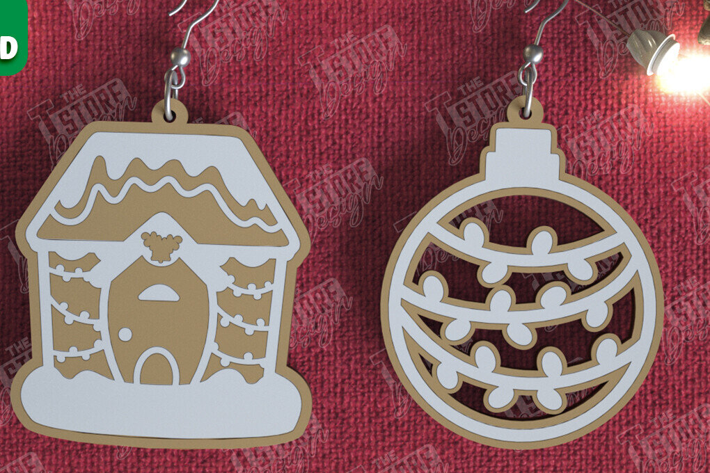 Σετ των 3 Intra απο ξύλο plywood 3mm-4mm πάχος - Gingerbread House Earrings |Κόσμημα| CNC Δίασταση 3x3 cm INTRAFABR-106454079