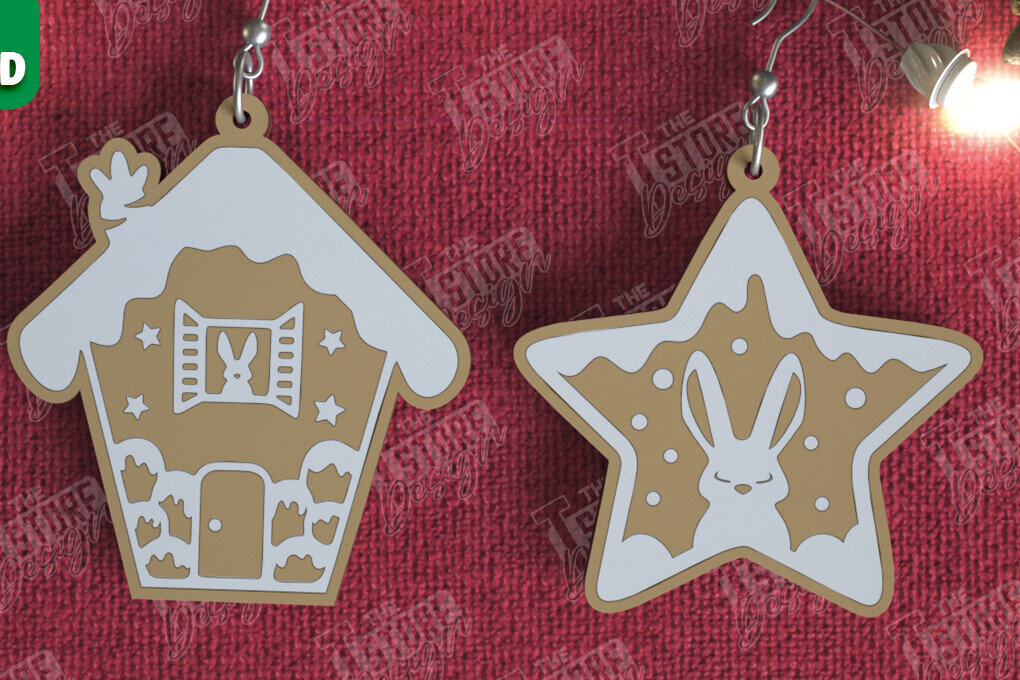Σετ των 3 Intra απο ξύλο plywood 3mm-4mm πάχος - Gingerbread House Earrings |Κόσμημα| CNC Δίασταση 3x3 cm INTRAFABR-106454085