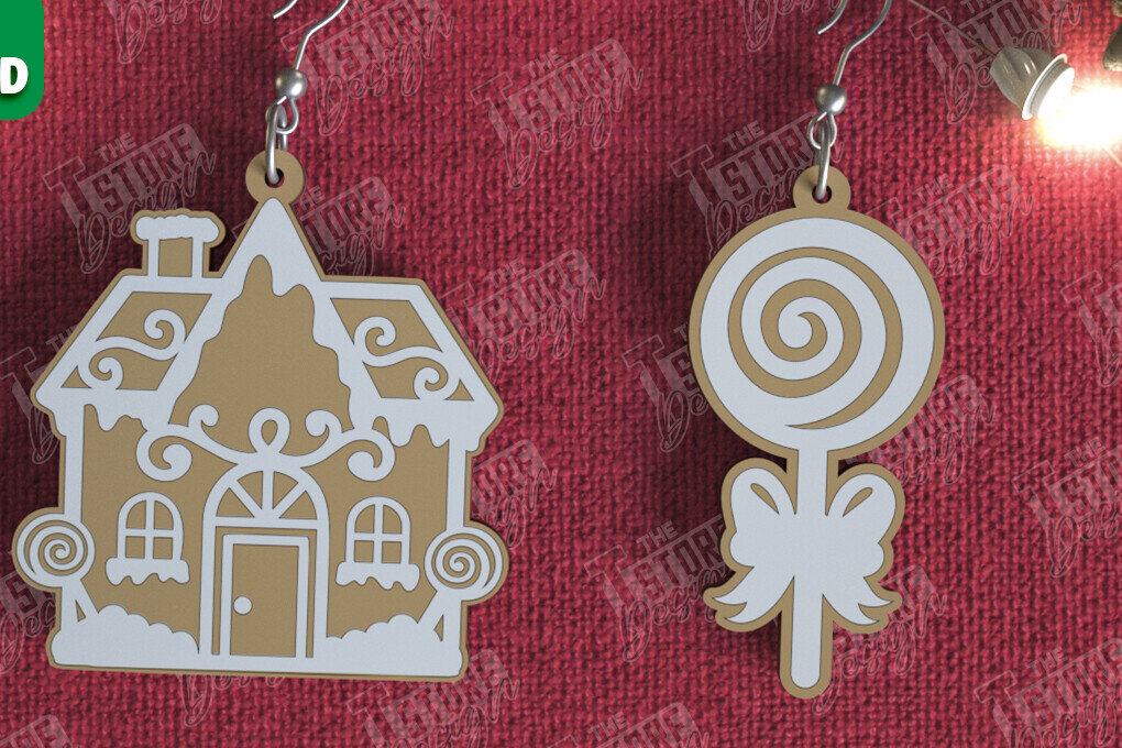 Σετ των 3 Intra απο ξύλο plywood 3mm-4mm πάχος - Gingerbread House Earrings |Κόσμημα| CNC Δίασταση 3x3 cm INTRAFABR-106454089