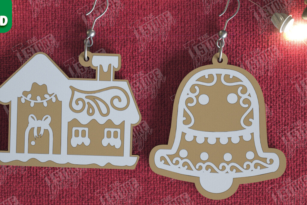 Σετ των 3 Intra απο ξύλο plywood 3mm-4mm πάχος - Gingerbread House Earrings |Κόσμημα| CNC Δίασταση 3x3 cm INTRAFABR-106454114