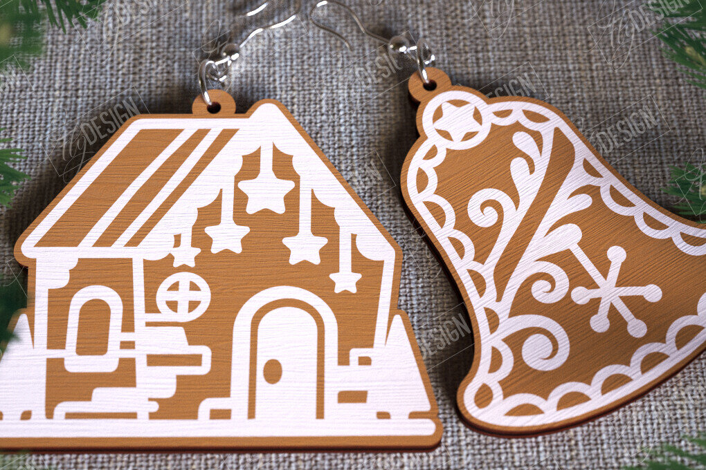 Σετ των 3 Intra απο ξύλο plywood 3mm-4mm πάχος - Gingerbread House Earrings | Κοσμήματα|CNC Δίασταση 3x3 cm INTRAFABR-107025011