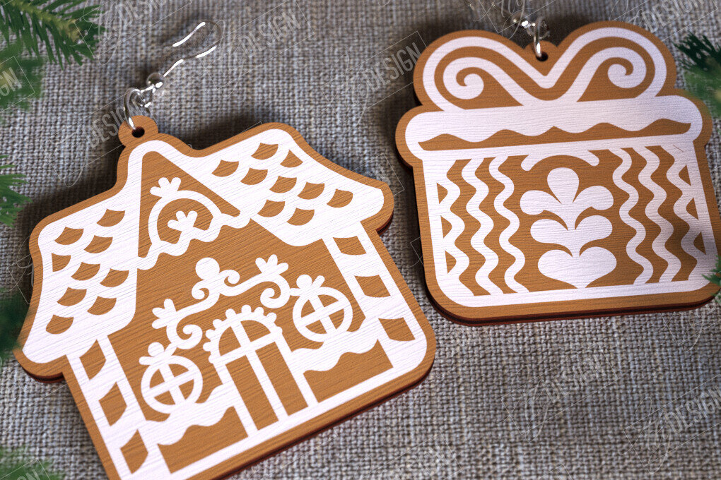 Σετ των 3 Intra απο ξύλο plywood 3mm-4mm πάχος - Gingerbread House Earrings | Κοσμήματα|CNC Δίασταση 3x3 cm INTRAFABR-107025053