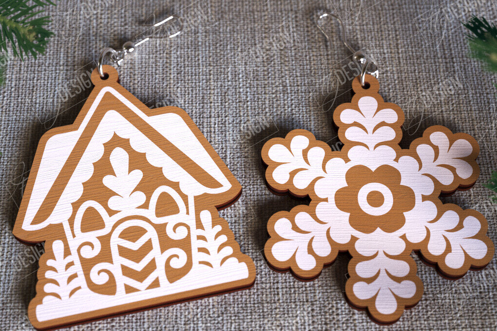 Σετ των 3 Intra απο ξύλο plywood 3mm-4mm πάχος - Gingerbread House Earrings | Κοσμήματα|CNC Δίασταση 3x3 cm INTRAFABR-107025096