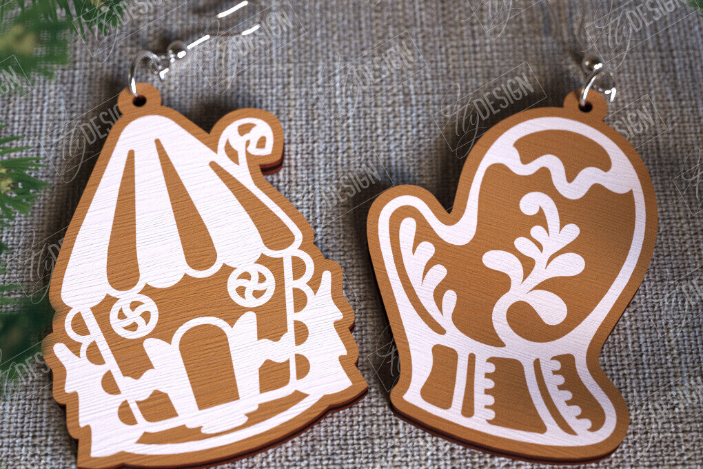 Σετ των 3 Intra απο ξύλο plywood 3mm-4mm πάχος - Gingerbread House Earrings | Κοσμήματα|CNC Δίασταση 3x3 cm INTRAFABR-107025131