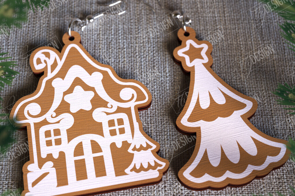 Σετ των 3 Intra απο ξύλο plywood 3mm-4mm πάχος - Gingerbread House Earrings | Κοσμήματα|CNC Δίασταση 3x3 cm INTRAFABR-107025152