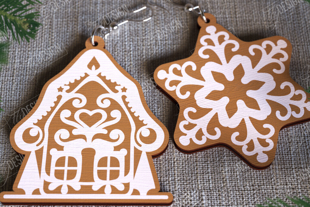 Σετ των 3 Intra απο ξύλο plywood 3mm-4mm πάχος - Gingerbread House Earrings | Κοσμήματα|CNC Δίασταση 3x3 cm INTRAFABR-107025165