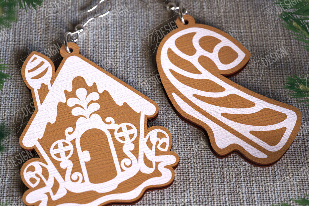 Σετ των 3 Intra απο ξύλο plywood 3mm-4mm πάχος - Gingerbread House Earrings | Κοσμήματα|CNC Δίασταση 3x3 cm INTRAFABR-107024969