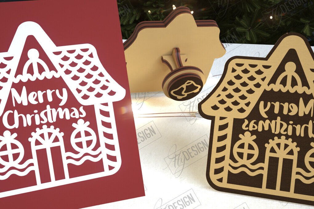 Σετ των 2 Intra απο ξύλο plywood 3mm-4mm πάχος - Σφραγίδα Gingerbread House |Χριστουγεννιάτικη σφραγίδα Δίασταση 15x15 cm INTRAFABR-107440761