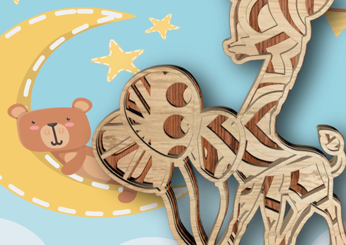 Intra απο ξύλο plywood 3mm-4mm πάχος - Καμηλοπάρδαλη και μπαλόνια, τρισδιάστατη Μάνταλα Δίασταση 30x20 cm INTRAFABR-28362528