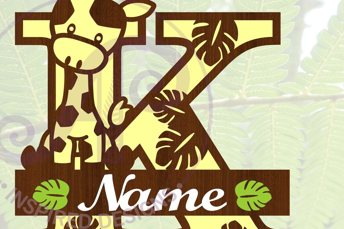 Intra απο ξύλο plywood 3mm-4mm πάχος - Μονόγραμμα  με κεφαλαίο Κ γράμματος καμηλοπάρδαλης Δίασταση 30x20 cm INTRAFABR-69376789