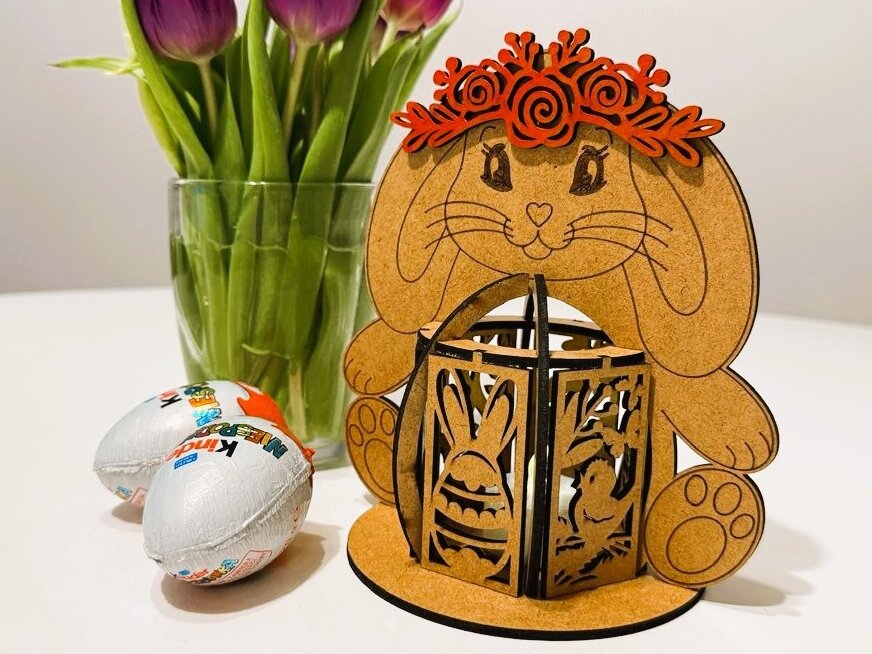 Σετ των 3 Intra απο ξύλο plywood 3mm-4mm πάχος - Κηροπήγιο πασχαλινό λαγουδάκι κορίτσι Δίασταση 6x6 cm INTRAFABR-119034973