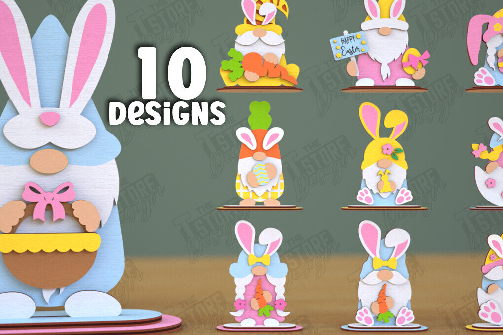 Σετ των 2 Intra απο ξύλο plywood 3mm-4mm πάχος - Πασχαλινό πακέτο Gnome Bunny | Λαγουδάκι του Πάσχα Δίασταση 15x15 cm INTRAFABR-118346334