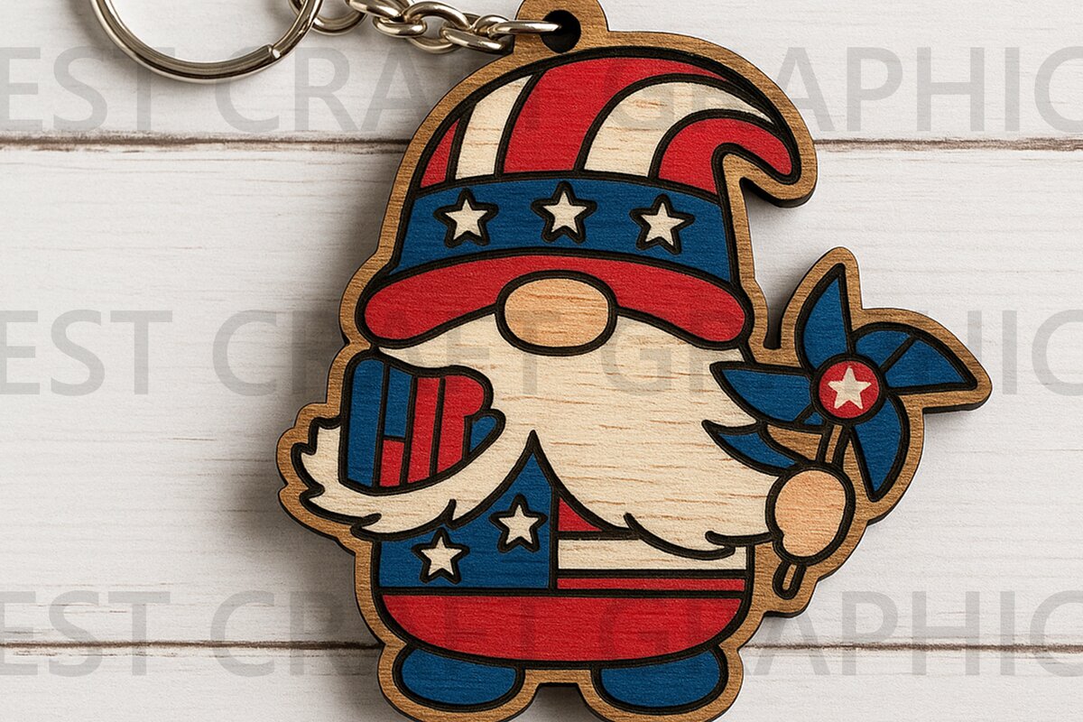 Σετ των 3 Intra απο ξύλο plywood 3mm-4mm πάχος - Gnome με Pinwheel 4η Ιουλίου  Δίασταση 4x4 cm INTRAFABR-122937717