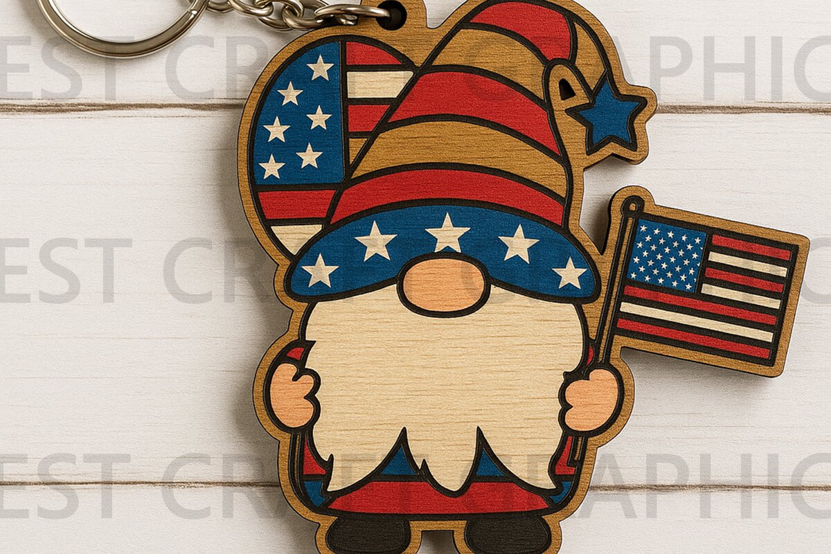 Σετ των 3 Intra απο ξύλο plywood 3mm-4mm πάχος - Gnome με USA Flag Keychain  Δίασταση 4x4 cm INTRAFABR-122937732