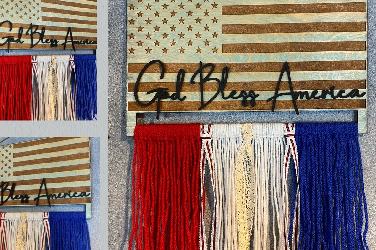 Intra απο ξύλο plywood 3mm-4mm πάχος - Ο Θεός να ευλογεί την Αμερική Macrame Flag Laser  Δίασταση 30x20 cm INTRAFABR-26922553
