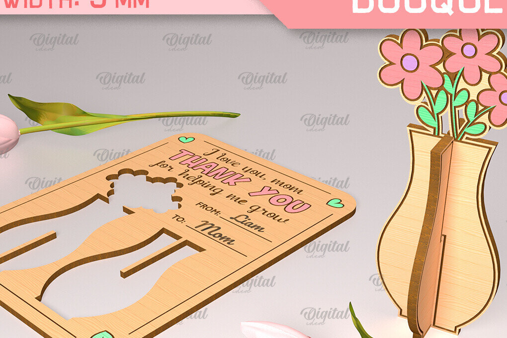 Σετ των 2 Intra απο ξύλο plywood 3mm-4mm πάχος - Ευχετήρια κάρτα λέιζερ. Μπουκέτο λουλουδιών  Δίασταση 10x15 cm INTRAFABR-91977913