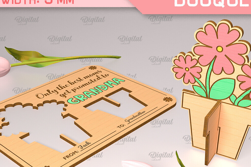 Σετ των 2 Intra απο ξύλο plywood 3mm-4mm πάχος - Ευχετήρια κάρτα λέιζερ. Μπουκέτο λουλουδιών  Δίασταση 10x15 cm INTRAFABR-91978091