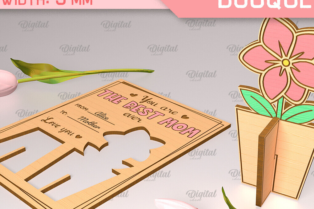 Σετ των 2 Intra απο ξύλο plywood 3mm-4mm πάχος - Ευχετήρια κάρτα λέιζερ. Μπουκέτο λουλουδιών  Δίασταση 10x15 cm INTRAFABR-91978201