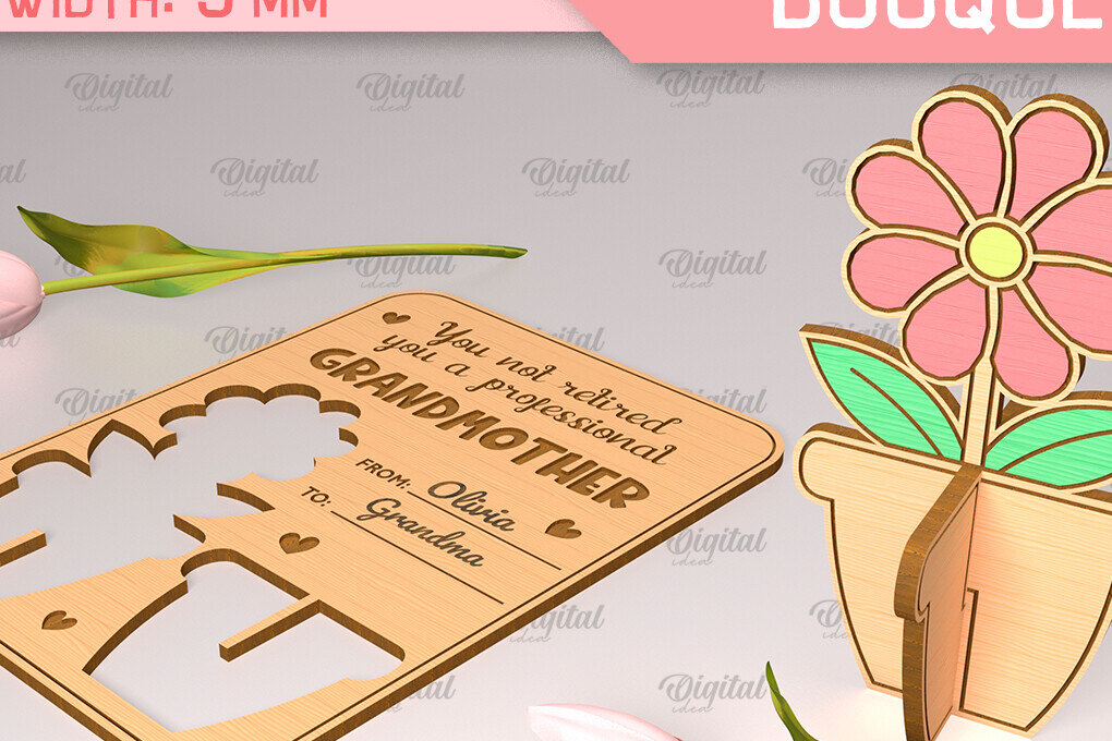 Σετ των 2 Intra απο ξύλο plywood 3mm-4mm πάχος - Ευχετήρια κάρτα λέιζερ. Μπουκέτο λουλουδιών  Δίασταση 10x15 cm INTRAFABR-91977846