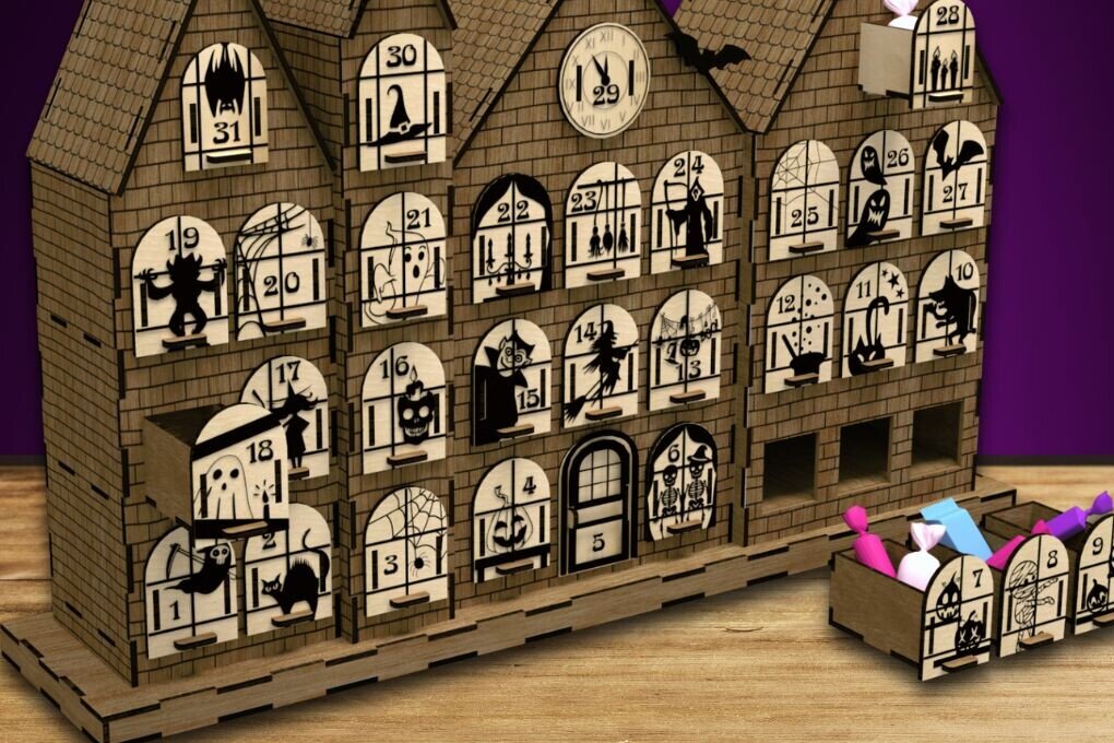 Σετ των 2 Intra απο ξύλο plywood 3mm-4mm πάχος - Ημερολόγιο για το Halloween Advent Δίασταση 15x15 cm INTRAFABR-103445273