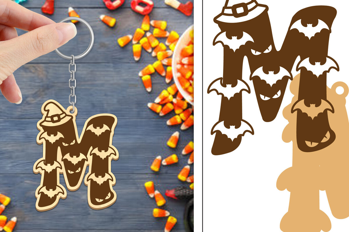 Σετ των 3 Intra απο ξύλο plywood 3mm-4mm πάχος - με μπρελόκ Halloween Aphabet Δίασταση 4x4 cm INTRAFABR-103746132